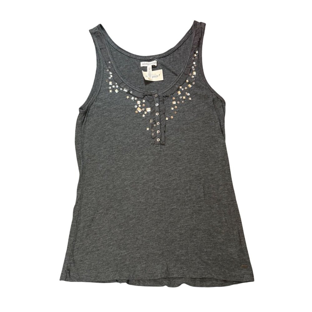 Aeropostale Gray Embellished Henley Tank Top Womens Cotton